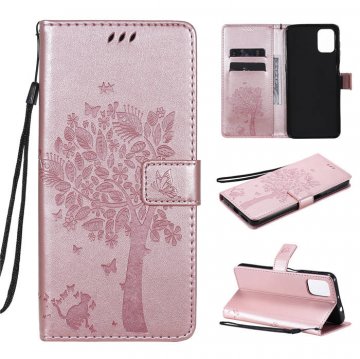 Motorola Moto G9 Plus Embossed Tree Cat Butterfly Wallet Stand Case Rose Gold