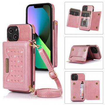 Bling Crossbody Bag Wallet iPhone 13 Mini Case with Lanyard Strap Rose Gold