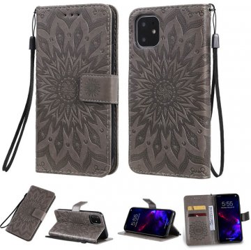 iPhone 11 Embossed Sunflower Wallet Stand Case Gray