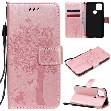 Google Pixel 5 Embossed Tree Cat Butterfly Wallet Stand Case Rose Gold