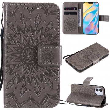 iPhone 12 Mini Embossed Sunflower Wallet Magnetic Stand Case Gray