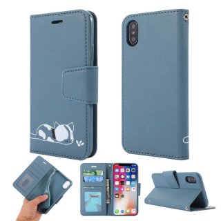 iPhone XS/X Cat Pattern Wallet Magnetic Stand PU Leather Case Blue
