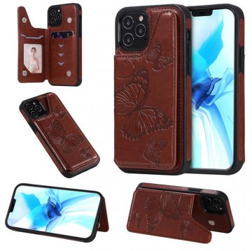 iPhone 12 Pro Luxury Butterfly Magnetic Card Slots Stand Case Brown