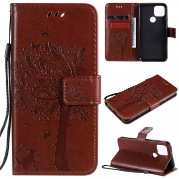 Google Pixel 5 Embossed Tree Cat Butterfly Wallet Stand Case Brown