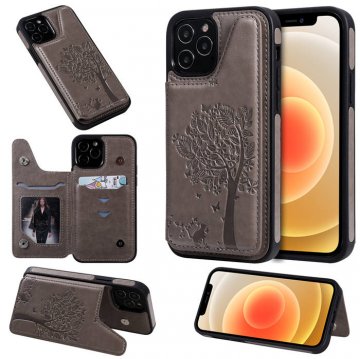 iPhone 12 Pro Embossed Tree Cat Magnetic Clasp Wallet Stand Case Gray