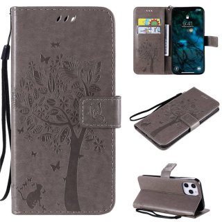 iPhone 12 Pro Max Embossed Tree Cat Butterfly Wallet Stand Case Gray