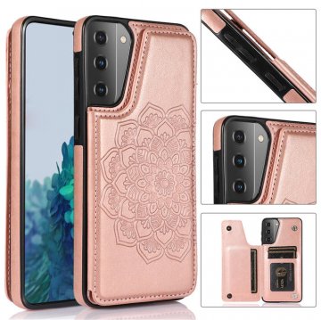 Mandala Embossed Samsung Galaxy S21 Case with Card Holder Rose Gold