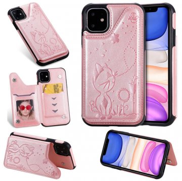 iPhone 11 Bee and Cat Embossing Magnetic Card Slots Cover Rose Gold