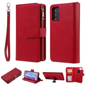 Samsung Galaxy Note 20 Zipper Wallet Magnetic Detachable 2 in 1 Case Red