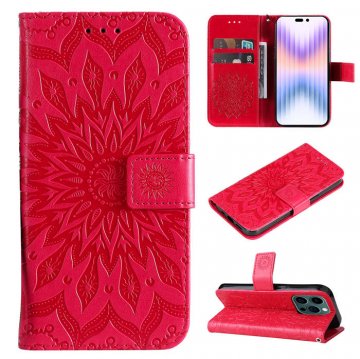 Embossed Sunflower iPhone 14 Pro Max Wallet Magnetic Case Red