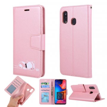 Samsung Galaxy A20 Cat Pattern Wallet Magnetic Stand Case Pink