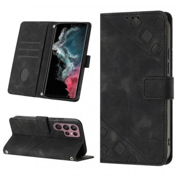 Skin-friendly Samsung Galaxy S22 Ultra Wallet Stand Case with Wrist Strap Black
