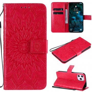iPhone 12 Pro Max Embossed Sunflower Wallet Magnetic Stand Case Red