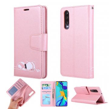 Huawei P30 Cat Pattern Wallet Magnetic Stand Case Pink