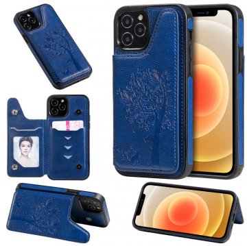iPhone 12 Pro Luxury Tree and Cat Magnetic Card Slots Stand Cover Blue