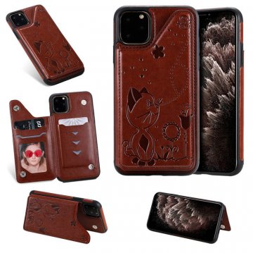 iPhone 11 Pro Bee and Cat Embossing Card Slots Stand Cover Brown
