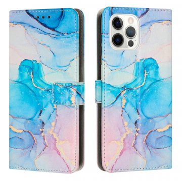 Marble Pattern iPhone 14 Pro Max Wallet Stand Case Blue Gold