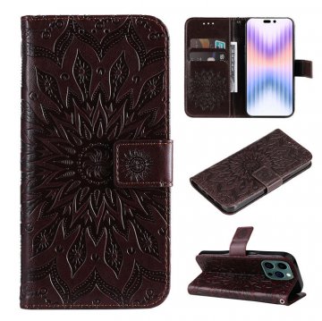 Embossed Sunflower iPhone 14 Pro Max Wallet Magnetic Case Brown