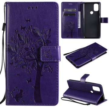 OnePlus Nord N10 5G Embossed Tree Cat Butterfly Wallet Stand Case Purple