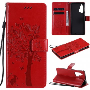 Motorola Edge Plus Embossed Tree Cat Butterfly Wallet Stand Case Red