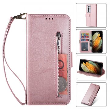 Samsung Galaxy S21/S21 Plus/S21 Ultra Zipper Pocket Wallet Magnetic Case Rose Gold