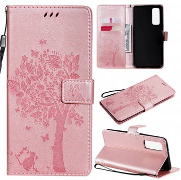 Huawei P Smart 2021 Embossed Tree Cat Butterfly Wallet Stand Case Rose Gold