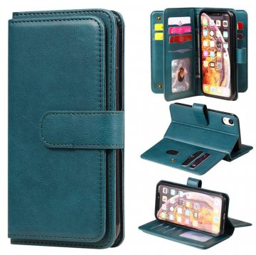iPhone XR Multi-function 10 Card Slots Wallet Leather Case Dark Green