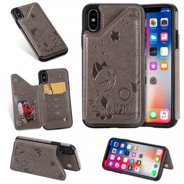 iPhone XS Bee and Cat Embossing Card Slots Stand Cover Gray