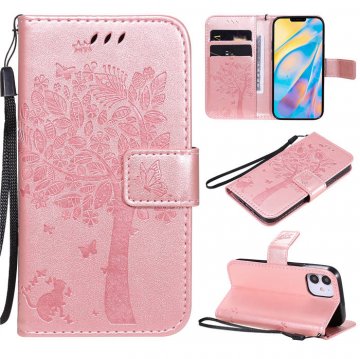 iPhone 12 Mini Embossed Tree Cat Butterfly Wallet Stand Case Rose Gold