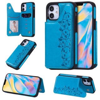 iPhone 12 Mini Luxury Cute Cats Magnetic Card Slots Stand Case Blue