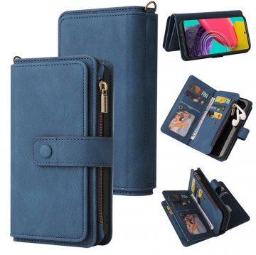Samsung Galaxy M53 Wallet 15 Card Slots Case with Wrist Strap Blue