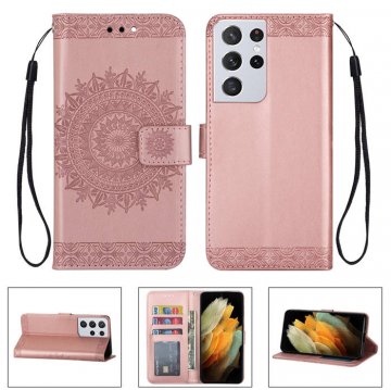 Samsung Galaxy S21/S21 Plus/S21 Ultra Wallet Embossed Totem Pattern Stand Case Rose Gold