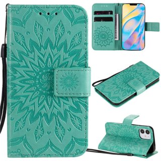 iPhone 12 Embossed Sunflower Wallet Magnetic Stand Case Green