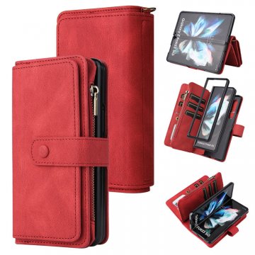 Samsung Galaxy Z Fold3 5G Wallet 15 Card Slots Case with Wrist Strap Red