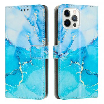 Marble Pattern iPhone 14 Pro Max Wallet Stand Case Blue