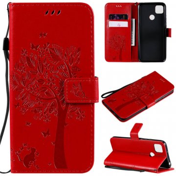 Xiaomi Redmi 9C Embossed Tree Cat Butterfly Wallet Stand Case Red