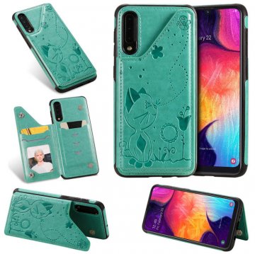 Samsung Galaxy A50 Bee and Cat Magnetic Card Slots Stand Cover Green