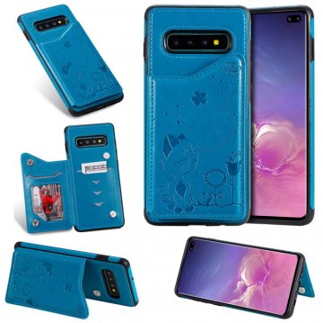 Samsung Galaxy S10 Plus Bee and Cat Magnetic Card Slots Stand Cover Blue