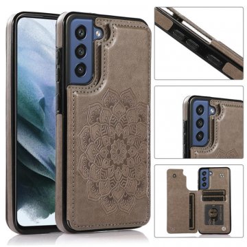 Mandala Embossed Samsung Galaxy S21 FE Case with Card Holder Gray