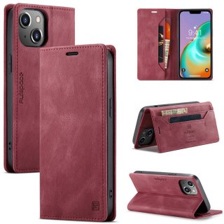 Autspace iPhone 14 RFID Blocking Wallet Magnetic Case Red