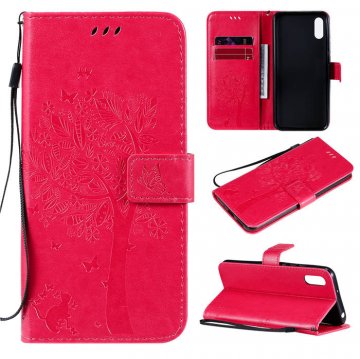 Xiaomi Redmi 9A Embossed Tree Cat Butterfly Wallet Stand Case Rose