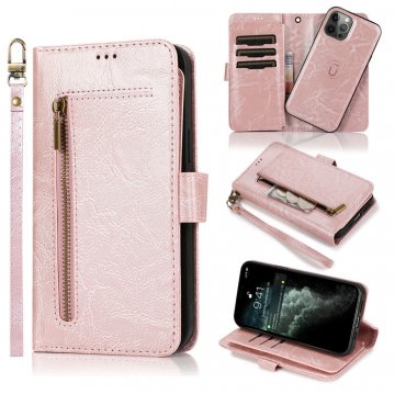 Zipper Pocket Wallet 9 Card Slots with Wrist Strap For iPhone Case Rose Gold