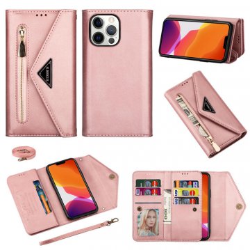 iPhone 13 Pro Max Crossbody Lanyard Zipper Pocket Wallet Case Rose Gold