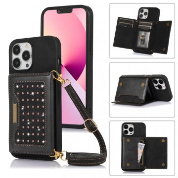 Bling Crossbody Bag Wallet iPhone 13 Pro Max Case with Lanyard Strap Black