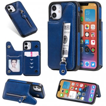 iPhone 12 Zipper Pocket Card Slots Magnetic Clasp Stand Case Blue