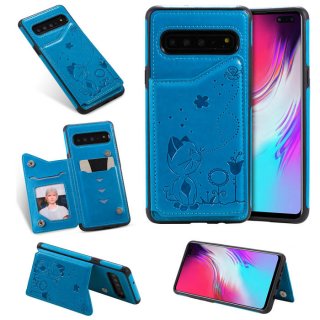 Samsung Galaxy S10 5G Bee and Cat Card Slots Stand Cover Blue