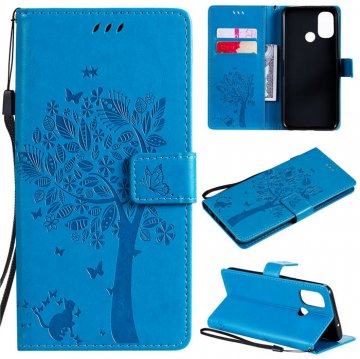 OnePlus Nord N100 Embossed Tree Cat Butterfly Wallet Stand Case Blue