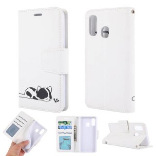 Samsung Galaxy A40 Cat Pattern Wallet Magnetic Stand Case White