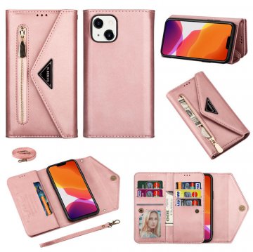 iPhone 13 Mini Crossbody Lanyard Zipper Pocket Wallet Case Rose Gold