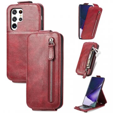 Zipper Pocket Vertical Flip Wallet Stand Case Red For Samsung